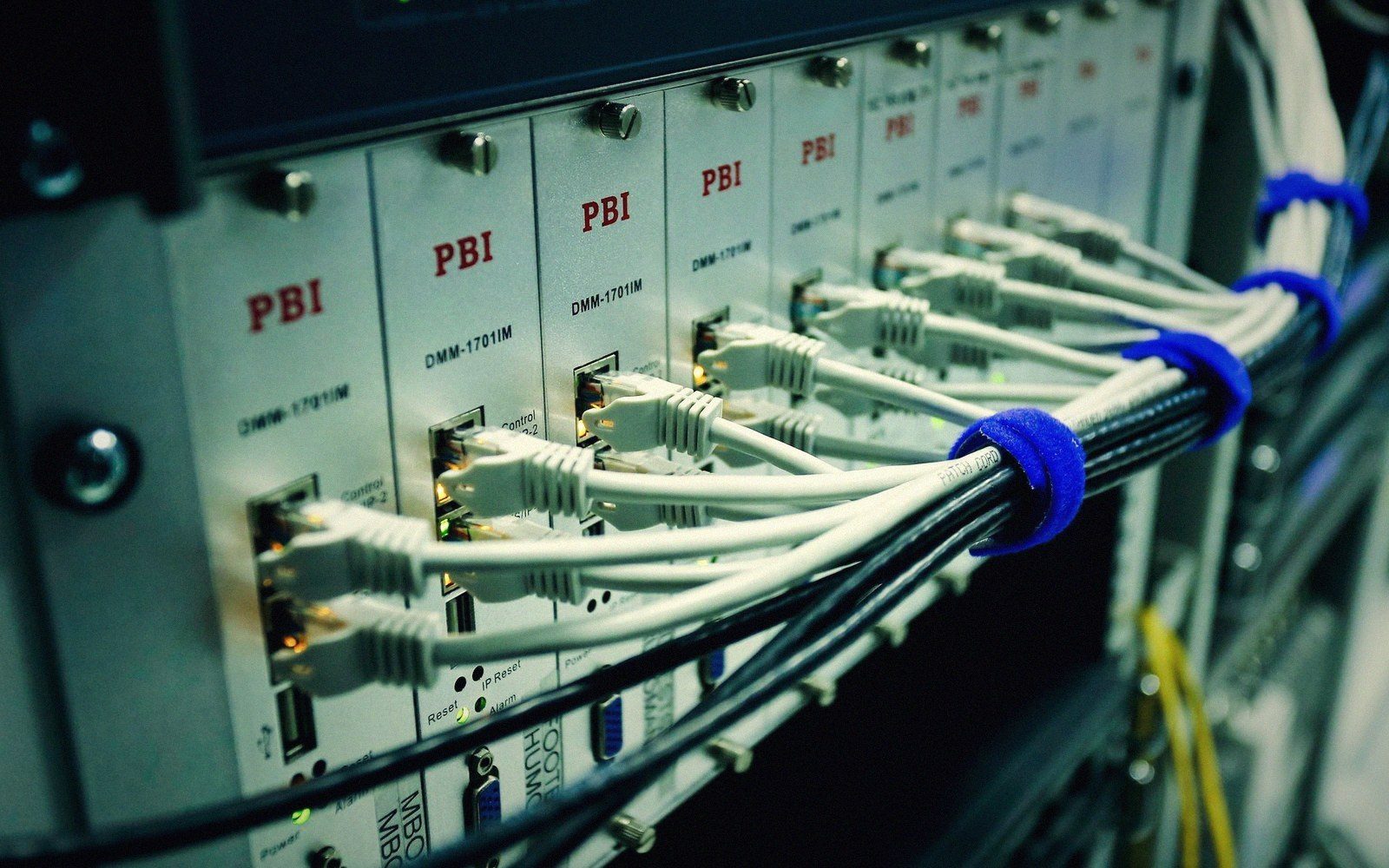 A rack of development hardware and cabling