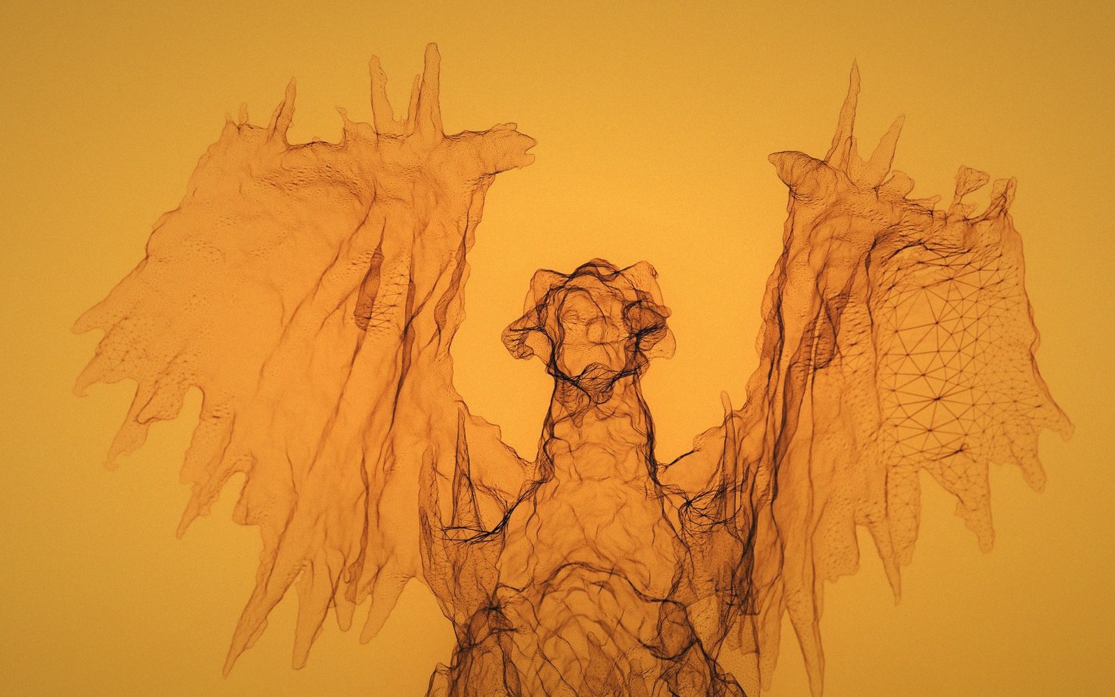 Wireframe mesh of a winged, bird-like sculpture rendered against an orange background