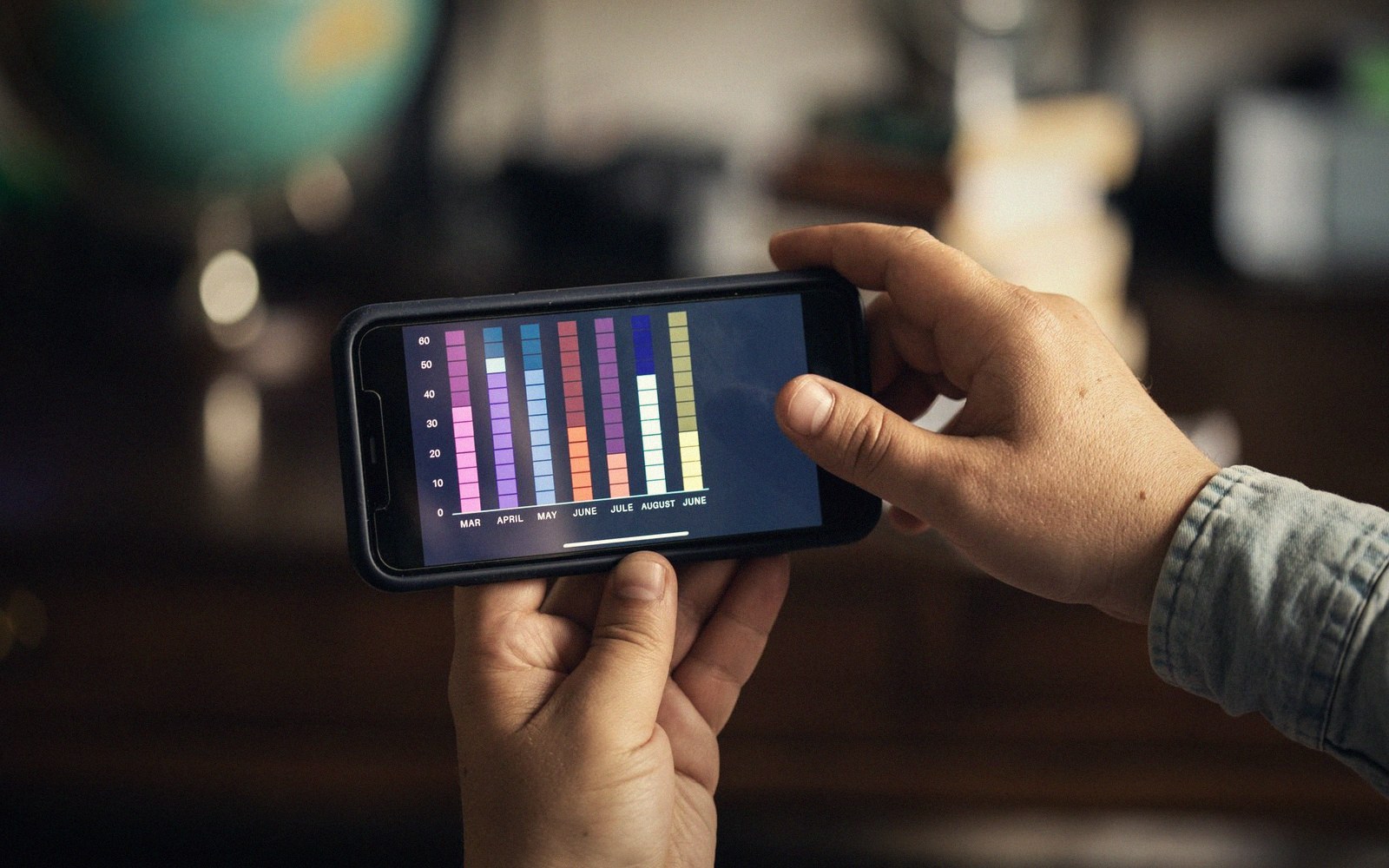 Hands holding a smartphone displaying a colorful monthly bar chart from March to June