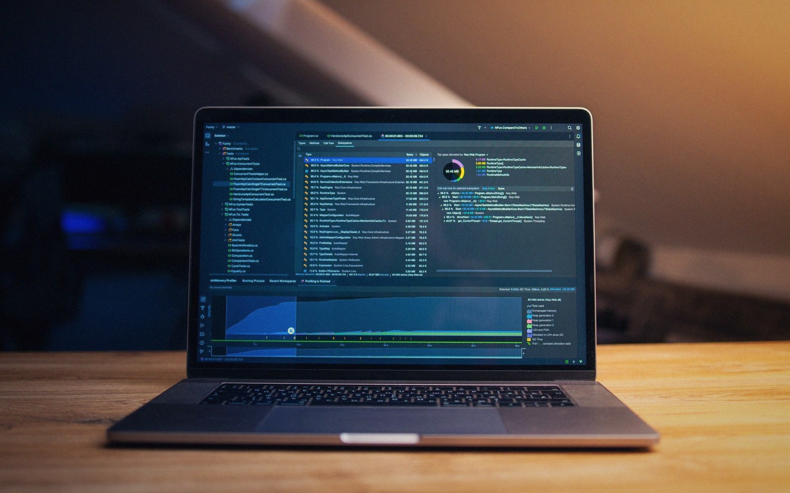 Laptop screen displaying a code profiler with performance graphs and a file list