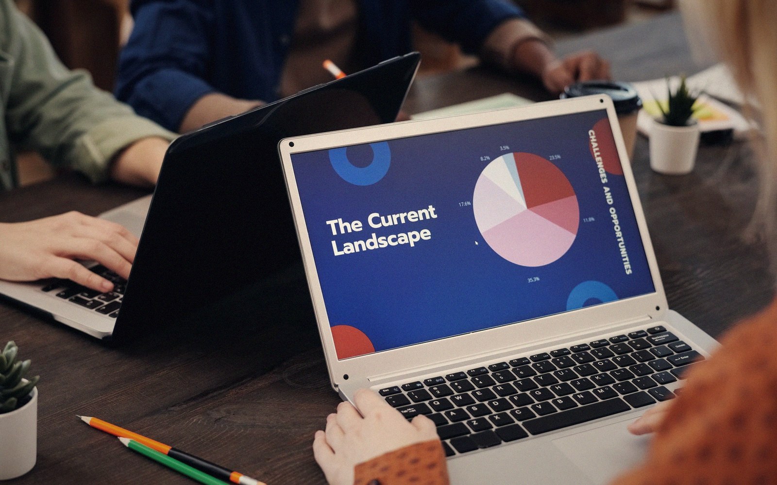 Laptop screen displaying a pie chart slide titled "The Current Landscape" during a meeting