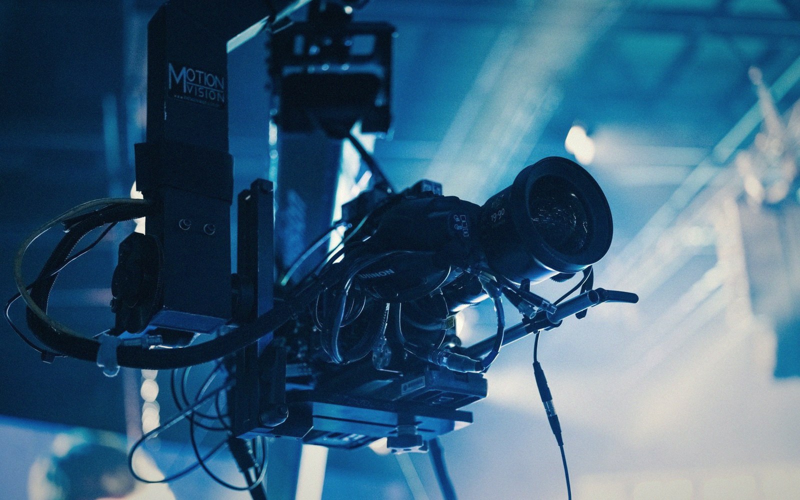 An empty motion-capture stage, cameras and floor marks